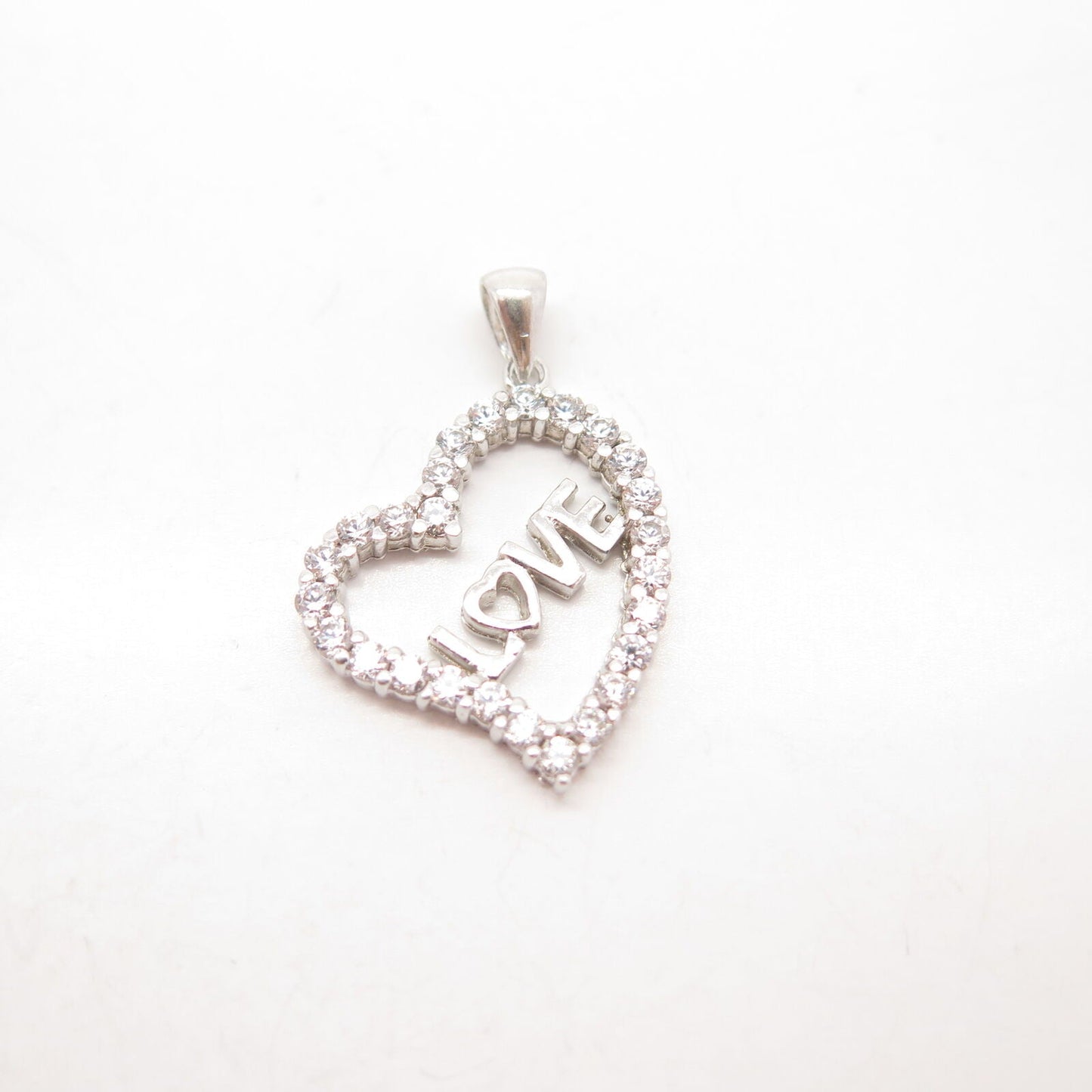 925 Sterling Silver Pave C Z "Love" Open Heart Pendant