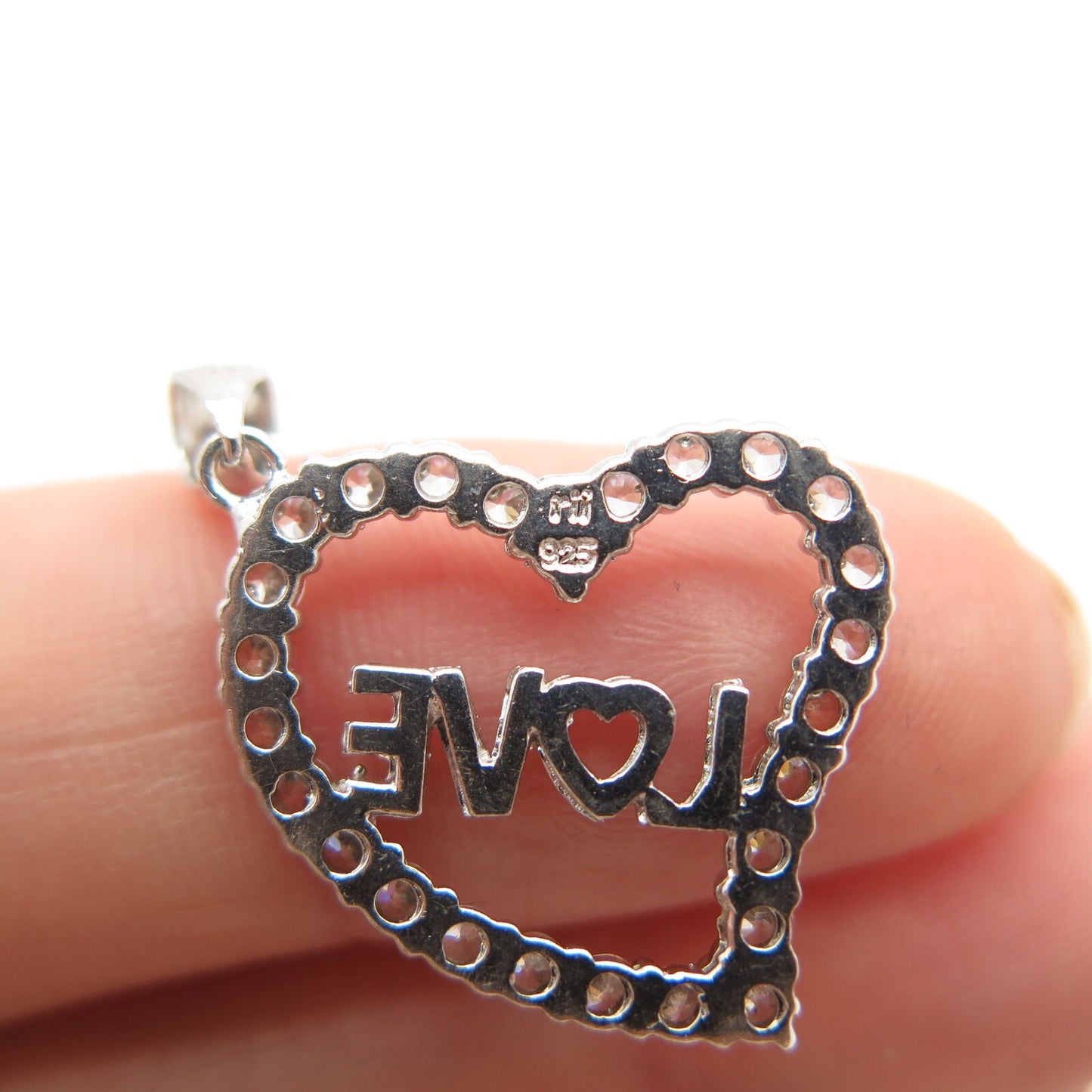 925 Sterling Silver Pave C Z "Love" Open Heart Pendant