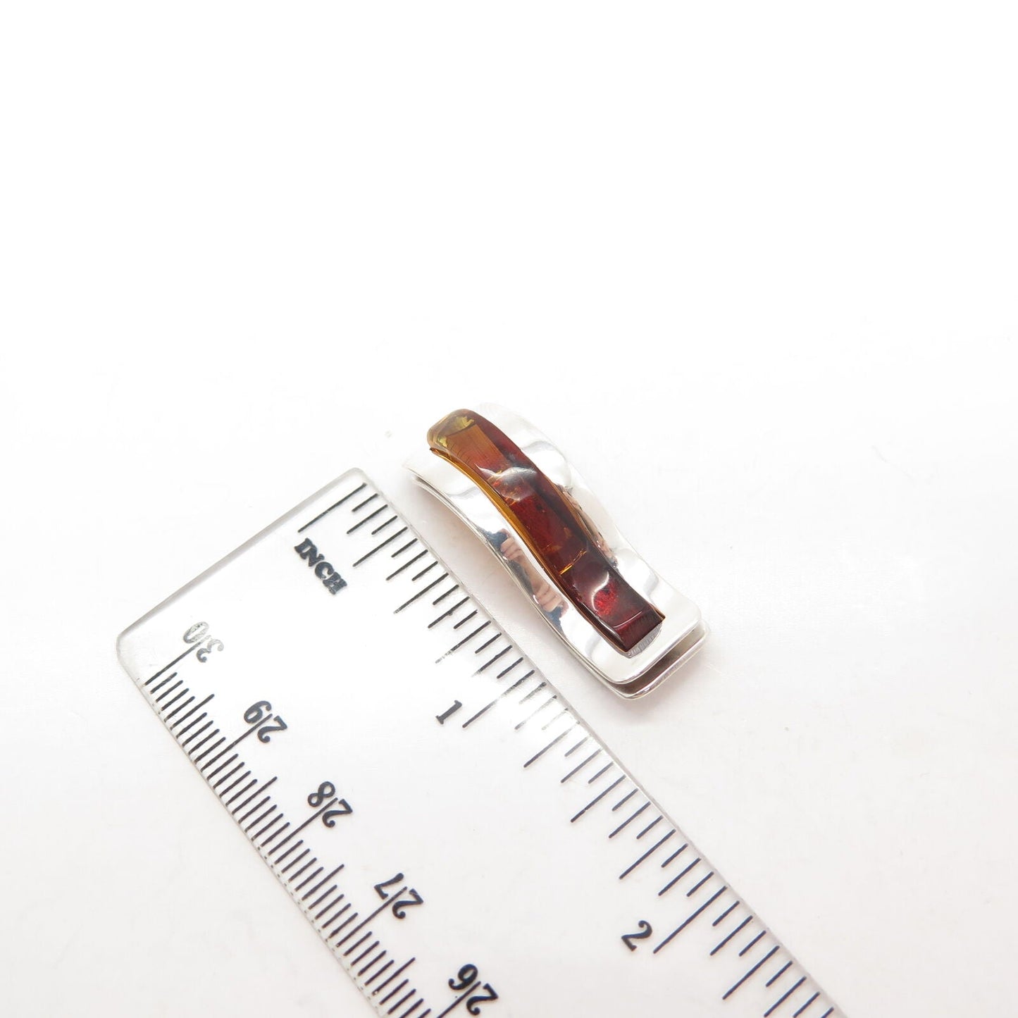 925 Sterling Silver Vintage Real Amber Modernist Slide Pendant