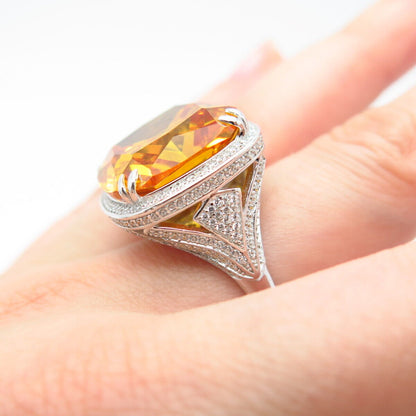 925 Sterling Silver White & Citrine-Tone C Z Ring Size 7.25