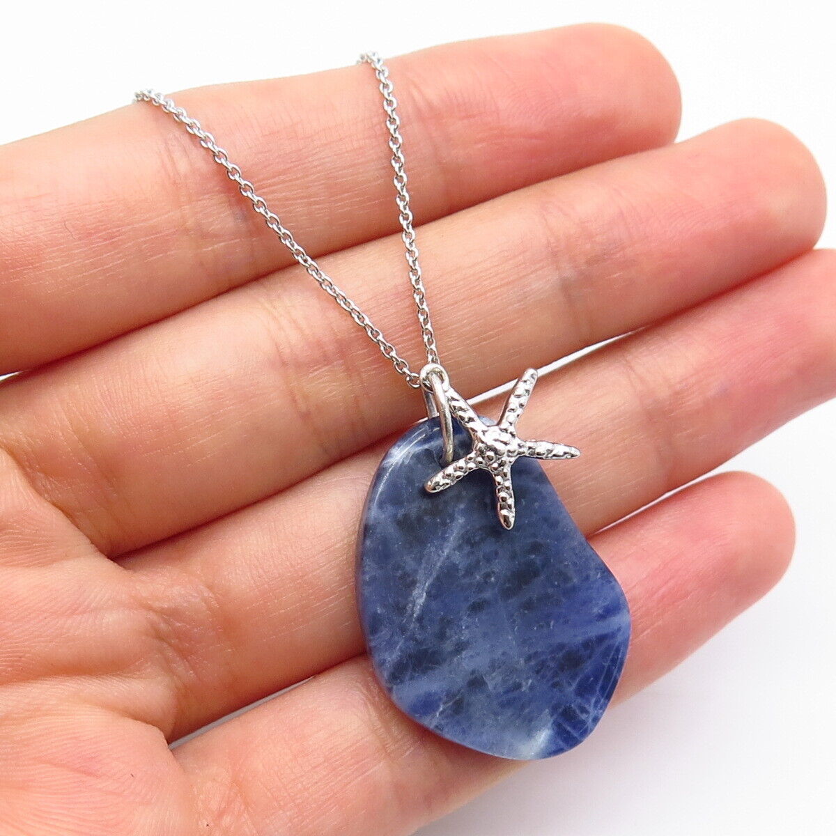 925 Sterling Silver Real Large Sodalite Gem Starfish Rolo Chain Necklace 18"