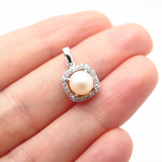 925 Sterling Silver Faux Pearl & C Z Small Pendant