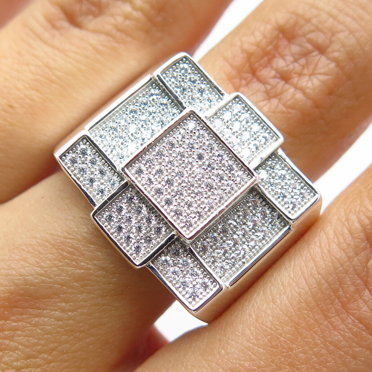 925 Sterling Silver Pave C Z Square Wide Ring Size 9.25