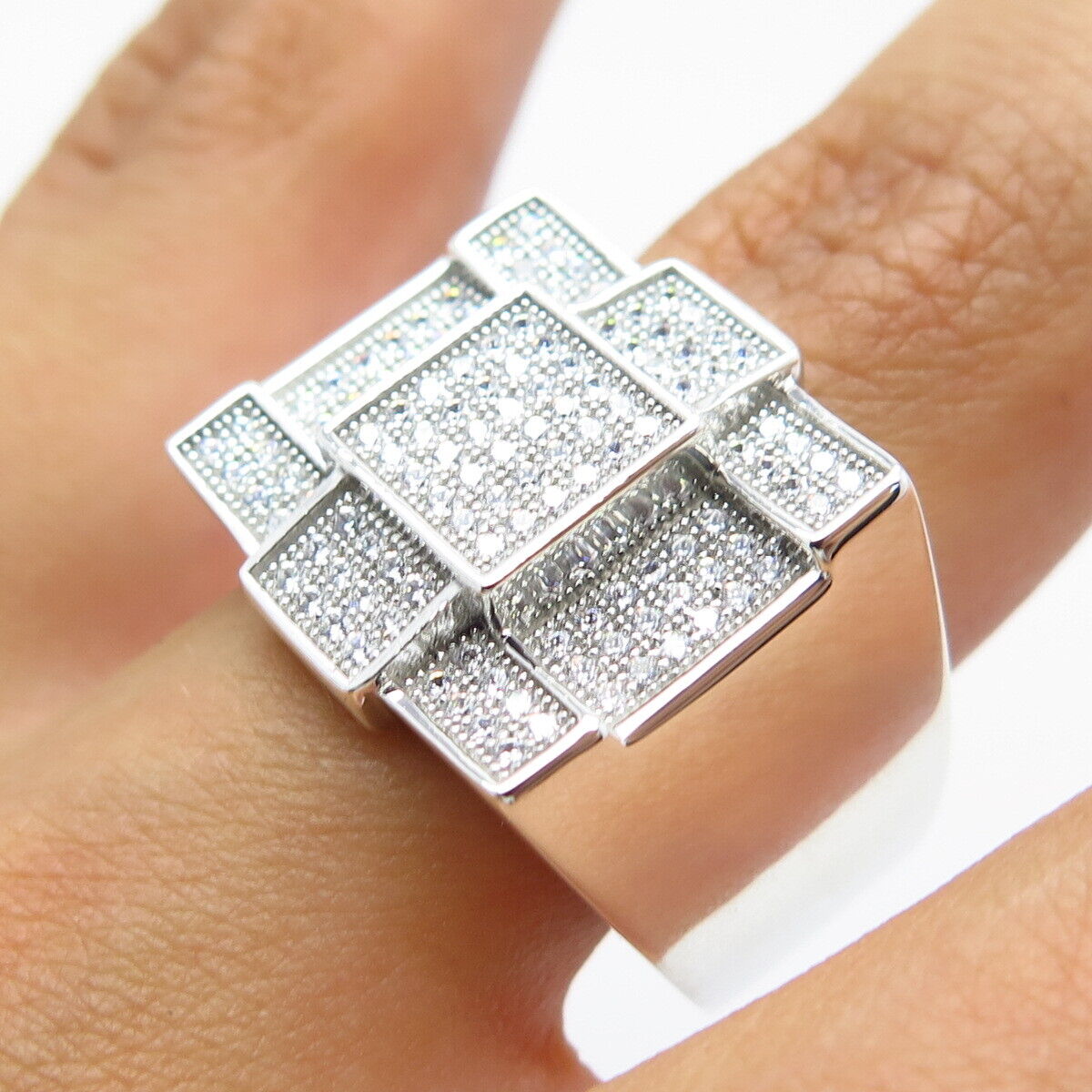 925 Sterling Silver Pave C Z Square Wide Ring Size 9.25