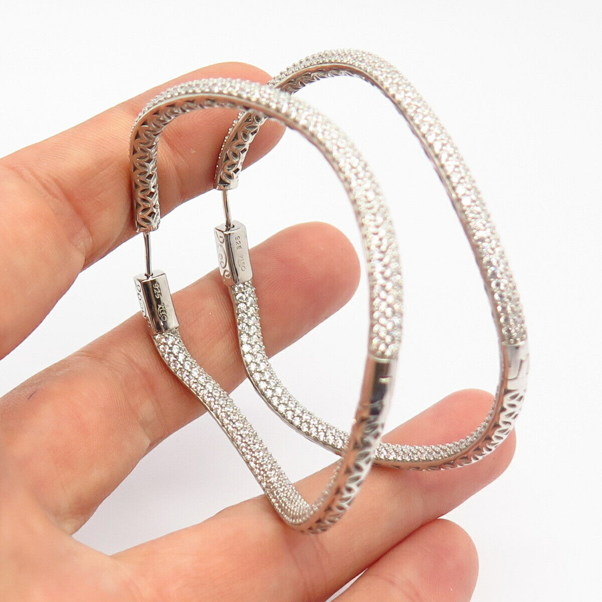 925 Sterling Silver C Z In & Out Curved Hoop Earrings