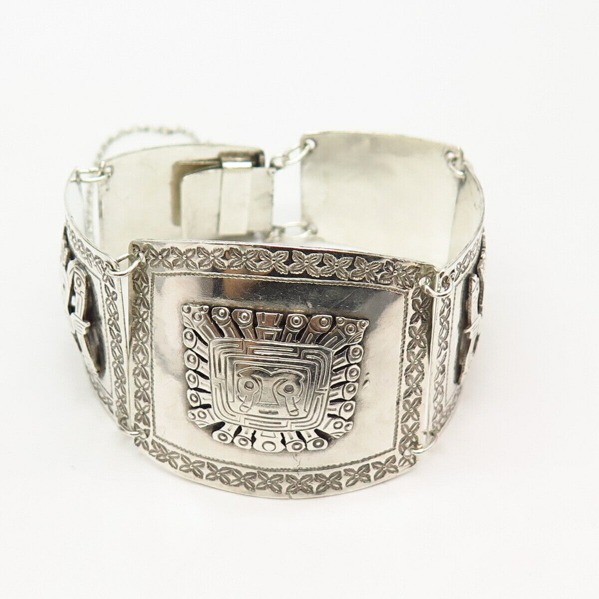 900 Silver Vintage Tribal Design Wide Link Bracelet 6.5"