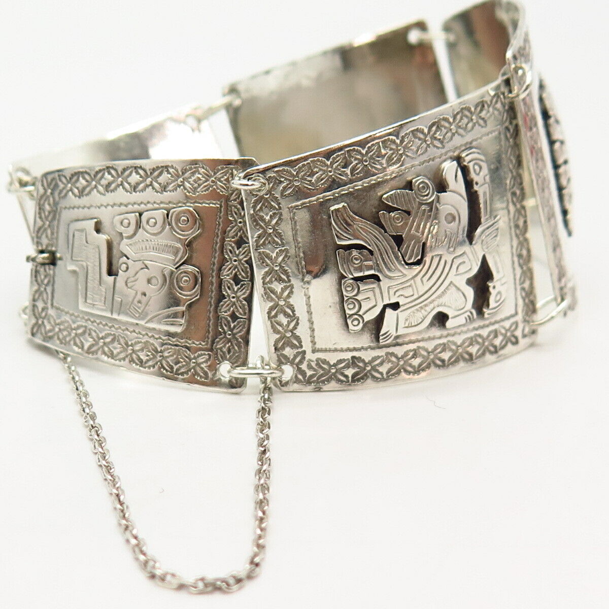 900 Silver Vintage Tribal Design Wide Link Bracelet 6.5"