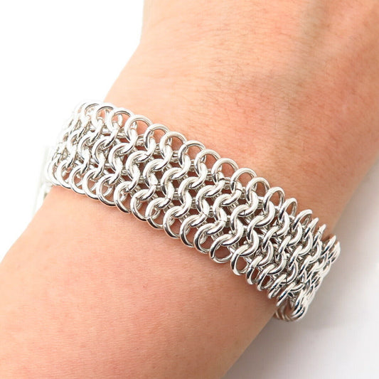 925 Sterling Silver Woven Chainmaille Design Wide Link Bracelet 7 3/4"