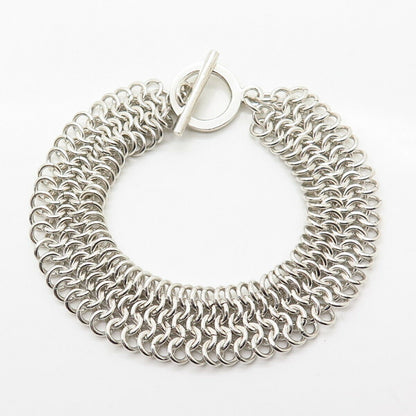 925 Sterling Silver Woven Chainmaille Design Wide Link Bracelet 7 3/4"