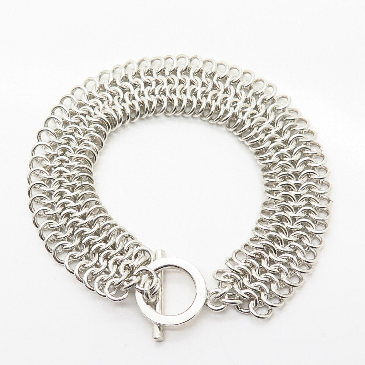 925 Sterling Silver Woven Chainmaille Design Wide Link Bracelet 7 3/4"