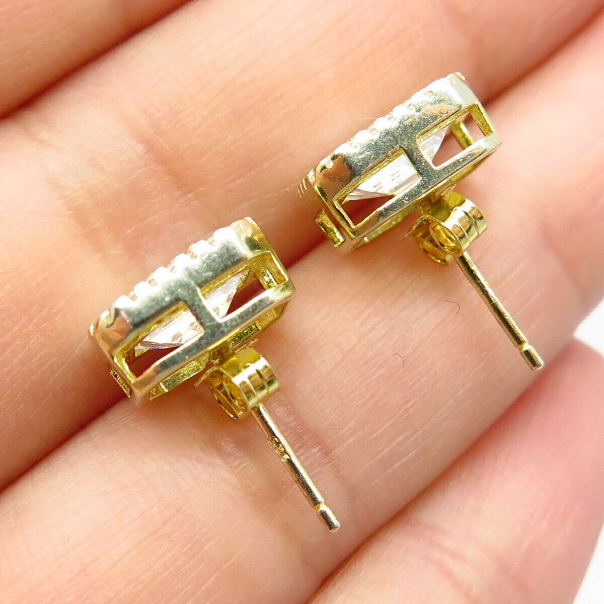 925 Sterling Silver Gold Plated C Z Radiant-Cut Stud Earrings