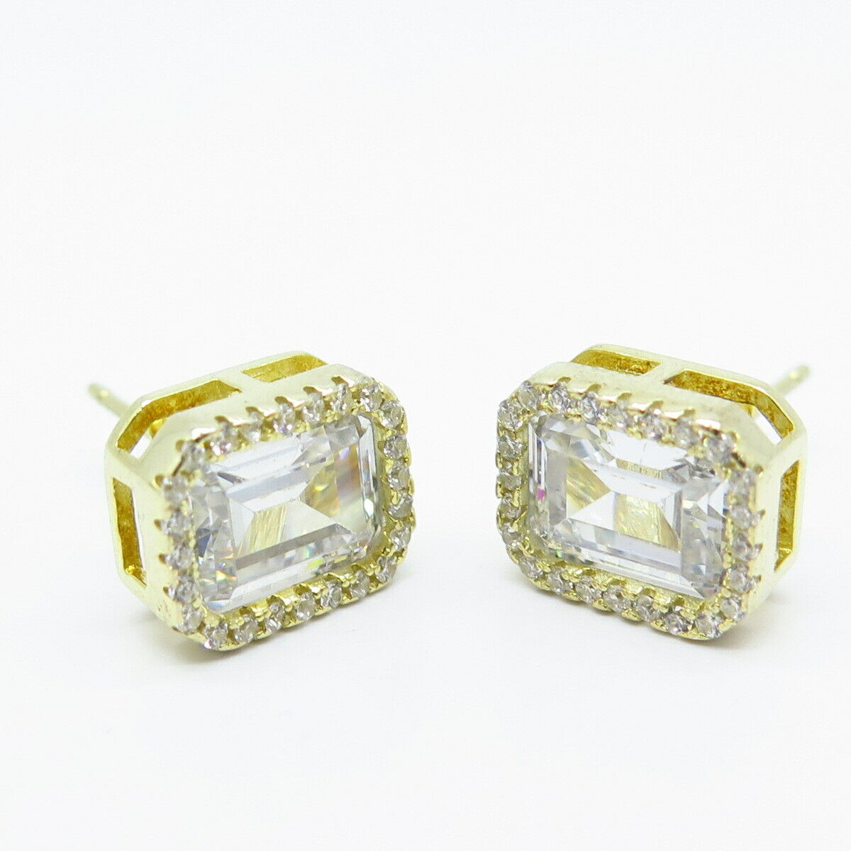 925 Sterling Silver Gold Plated C Z Radiant-Cut Stud Earrings