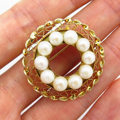 1/20 12K Gold Filled Vintage Catamore Real Pearl Twisted Design Round Pin Brooch