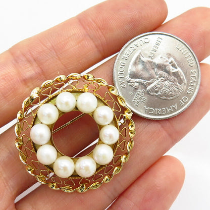 1/20 12K Gold Filled Vintage Catamore Real Pearl Twisted Design Round Pin Brooch