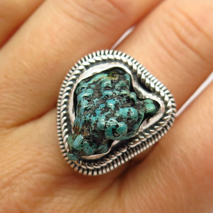 925 Sterling Silver Vintage Real Turquoise Gem Statement Ring Size 11