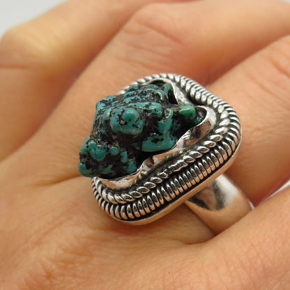 925 Sterling Silver Vintage Real Turquoise Gem Statement Ring Size 11