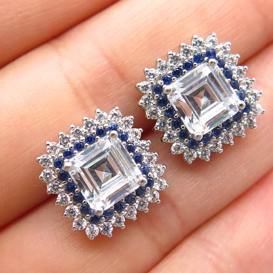 925 Sterling Silver White & Blue C Z Square Stud Earrings