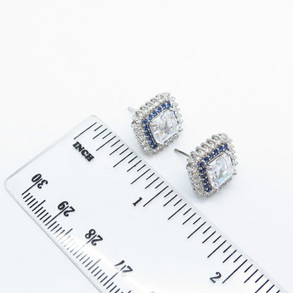 925 Sterling Silver White & Blue C Z Square Stud Earrings