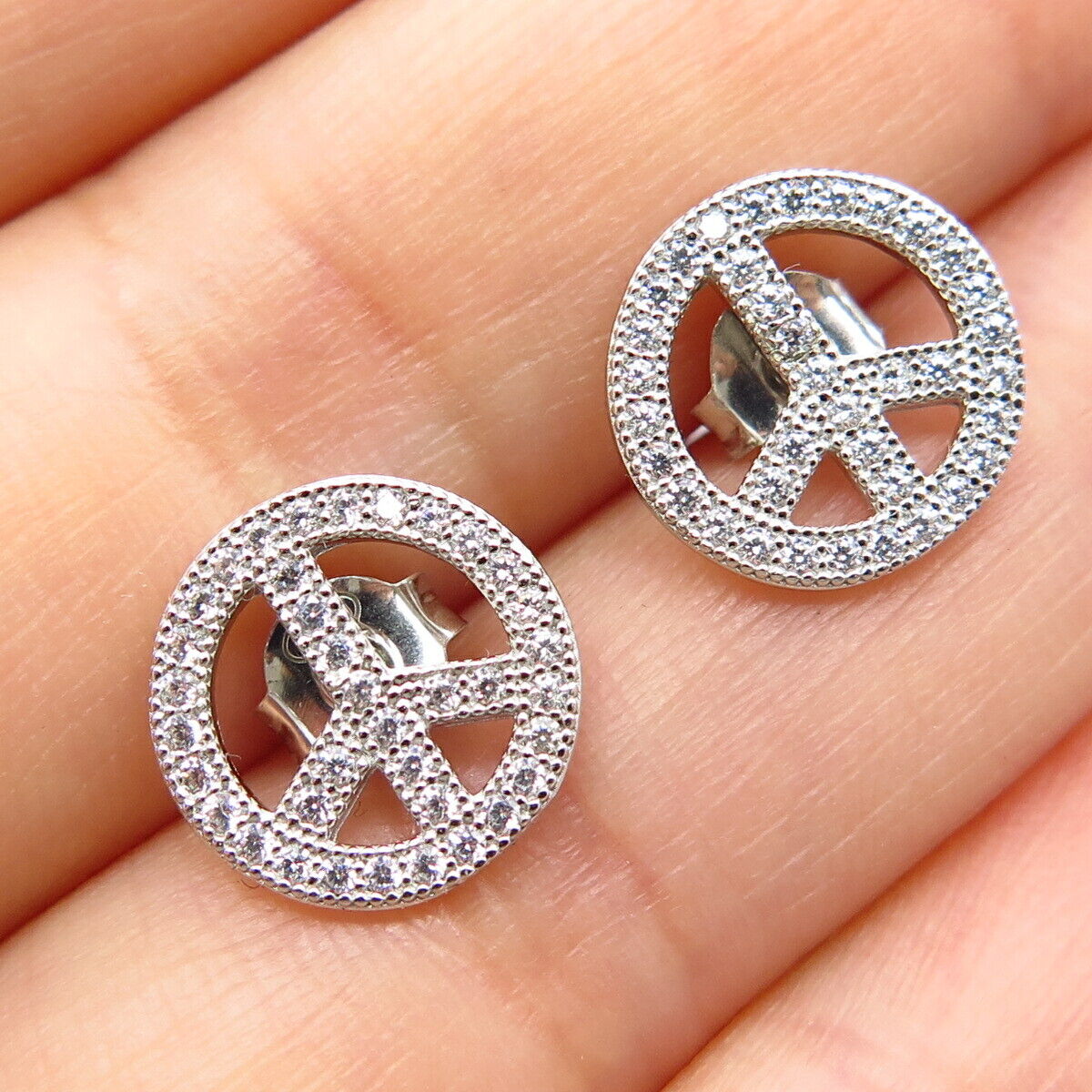 925 Sterling Silver C Z Symbol of Peace Stud Earrings