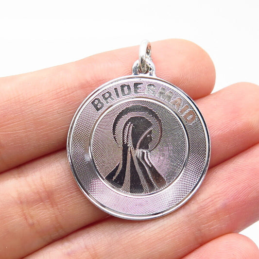 925 Sterling Silver Vintage Creed "Bride & Maid" Religious Round Pendant