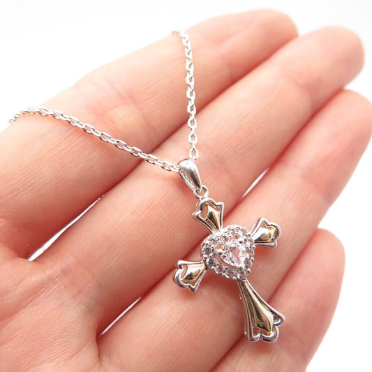 925 Sterling Silver 2-Tone White Topaz Heart & Cross Cable Chain Necklace 19"