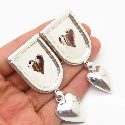 925 Sterling Silver Vintage Mexico Dangling Heart Statement Clip On Earrings