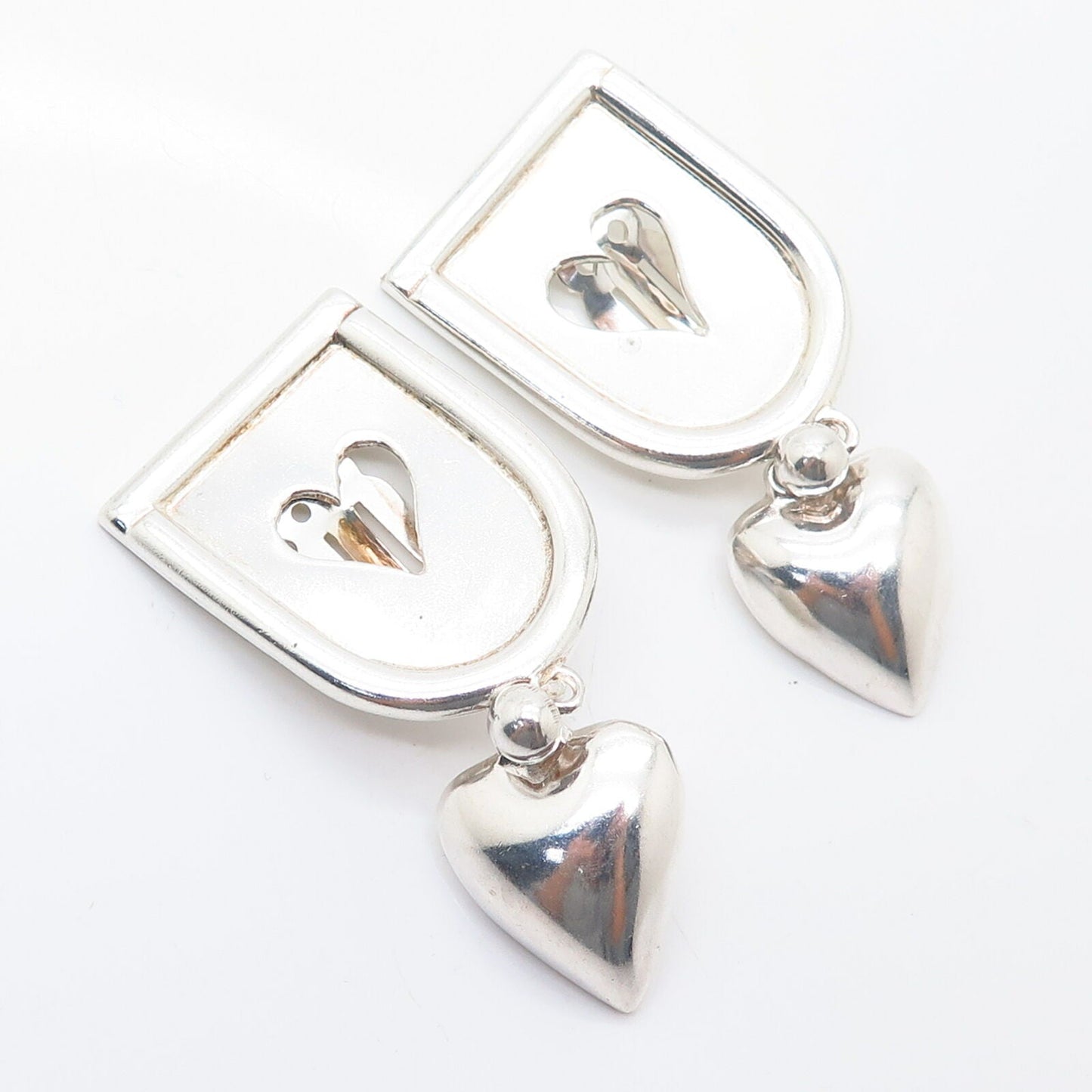 925 Sterling Silver Vintage Mexico Dangling Heart Statement Clip On Earrings