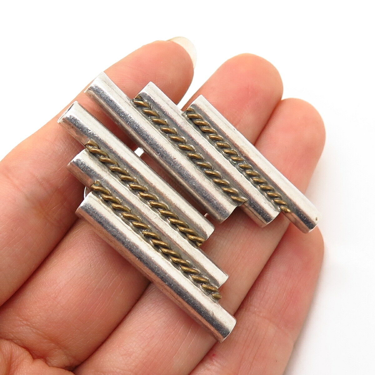 925 Sterling Silver 2-Tone Vintage Mexico Triple Bar Design Earrings