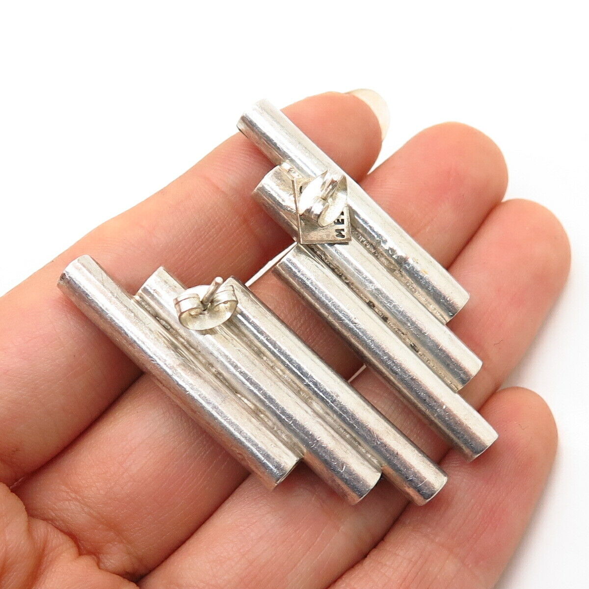 925 Sterling Silver 2-Tone Vintage Mexico Triple Bar Design Earrings