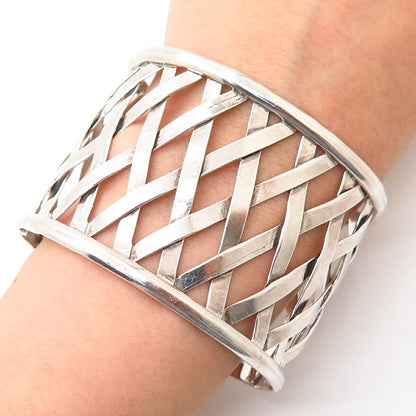 925 Sterling Silver Net / Woven Design Wide Cuff Bracelet 6.5"