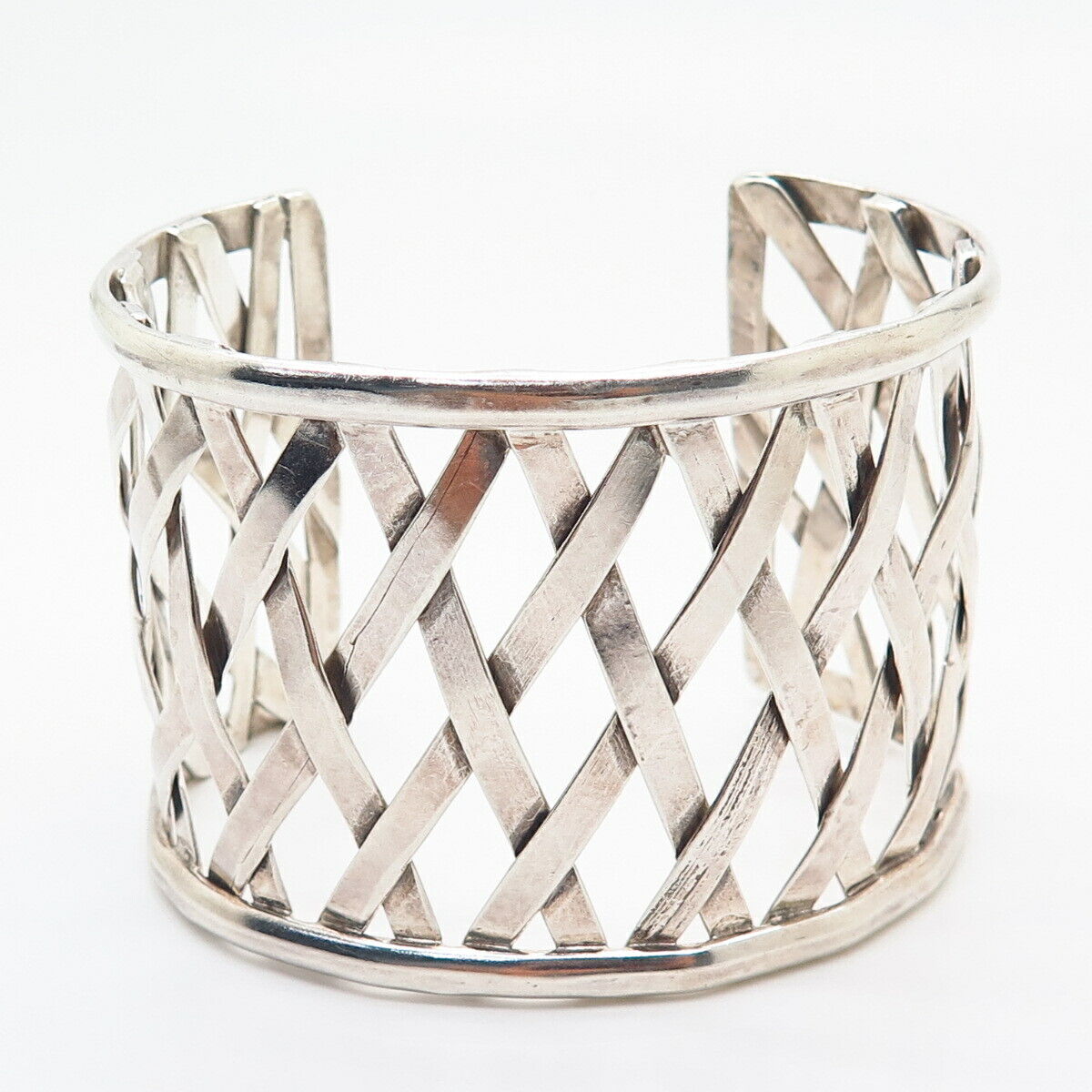 925 Sterling Silver Net / Woven Design Wide Cuff Bracelet 6.5"