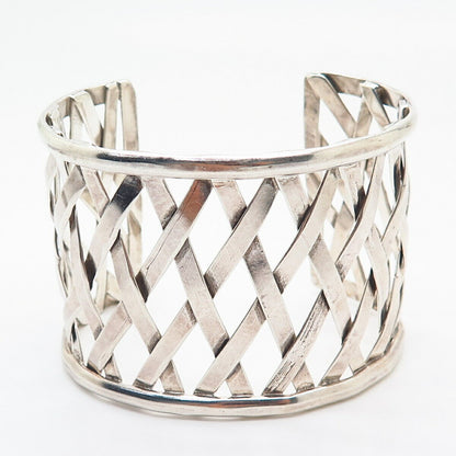 925 Sterling Silver Net / Woven Design Wide Cuff Bracelet 6.5"