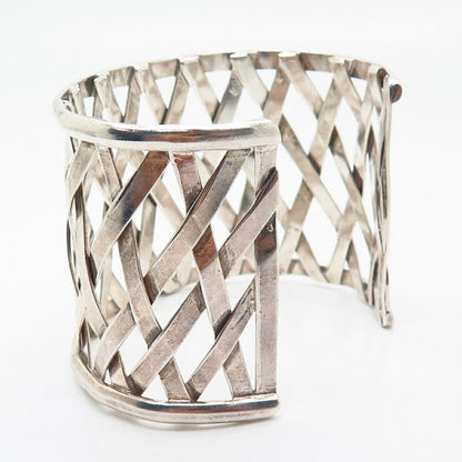 925 Sterling Silver Net / Woven Design Wide Cuff Bracelet 6.5"