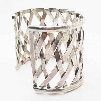 925 Sterling Silver Net / Woven Design Wide Cuff Bracelet 6.5"