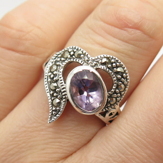 925 Sterling Silver Vintage Real Amethyst & Marcasite Gem Ring Size 6 3/4