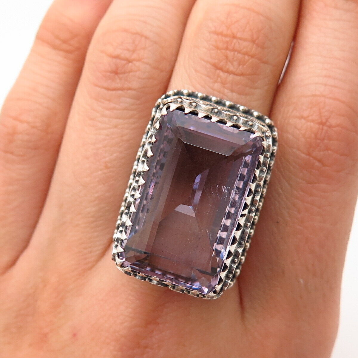 925 Sterling Silver Real Amethyst Gem Ethnic Design Statement Ring Size 6.5