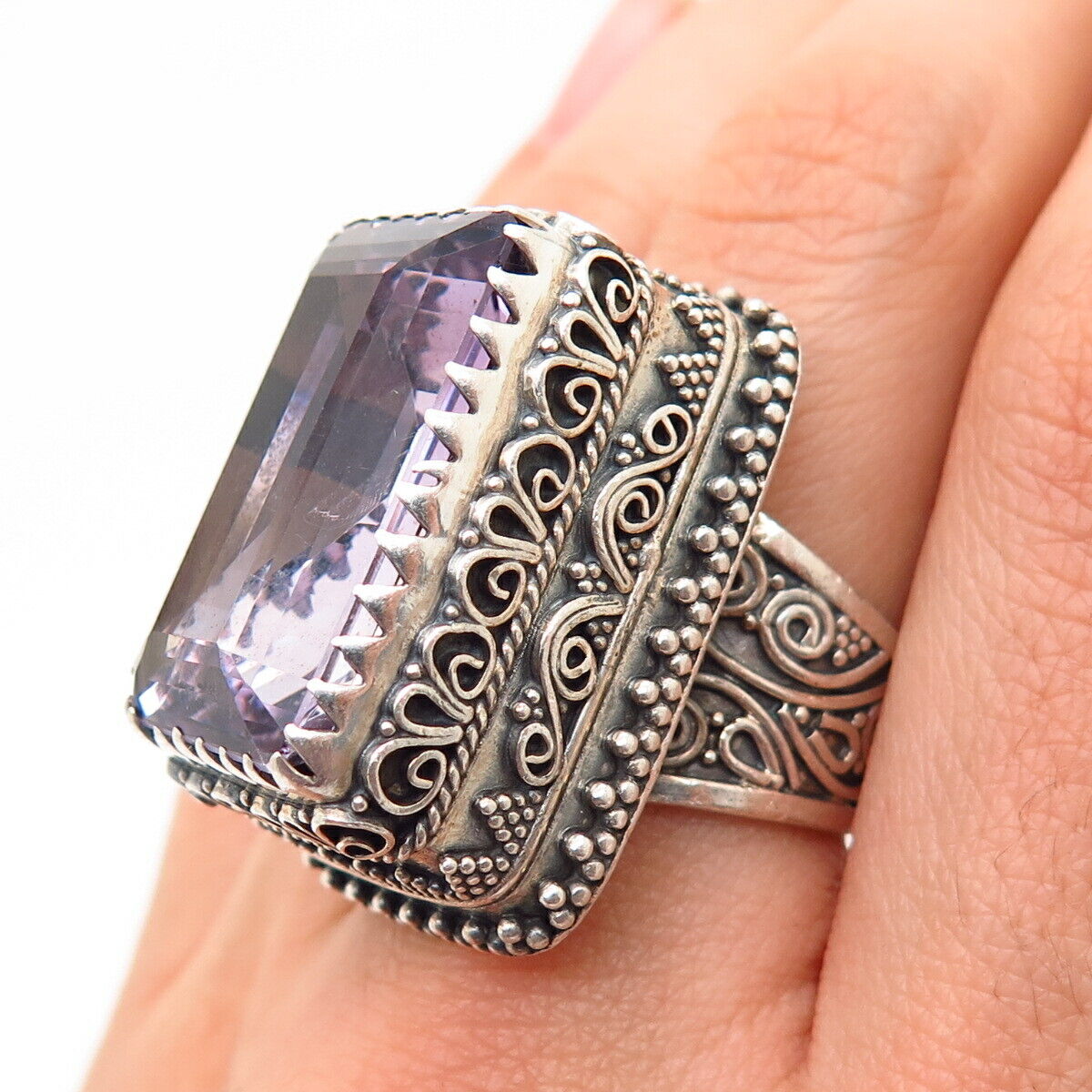 925 Sterling Silver Real Amethyst Gem Ethnic Design Statement Ring Size 6.5