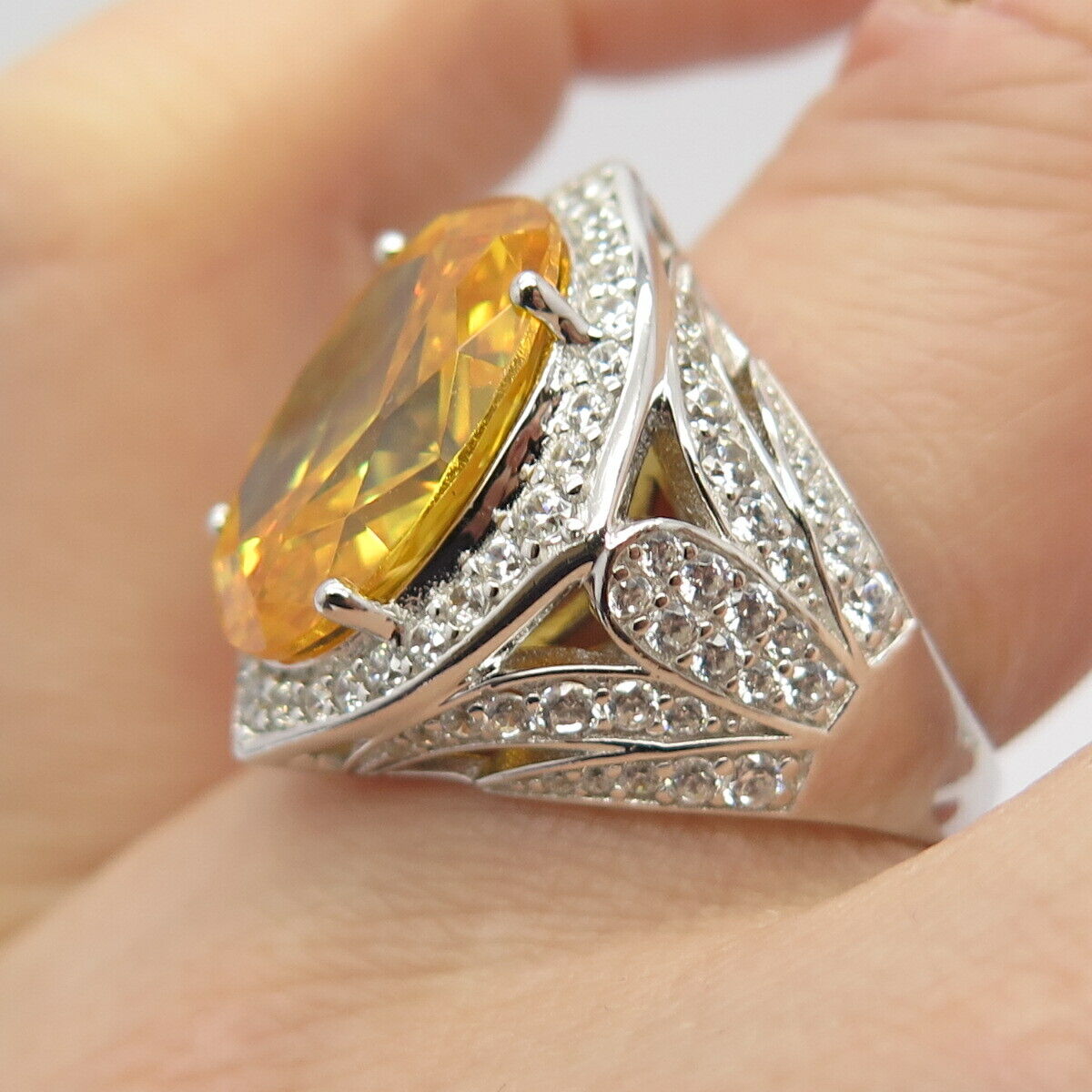 925 Sterling Silver White & Citrine-Tone C Z Signet Ring Size 7