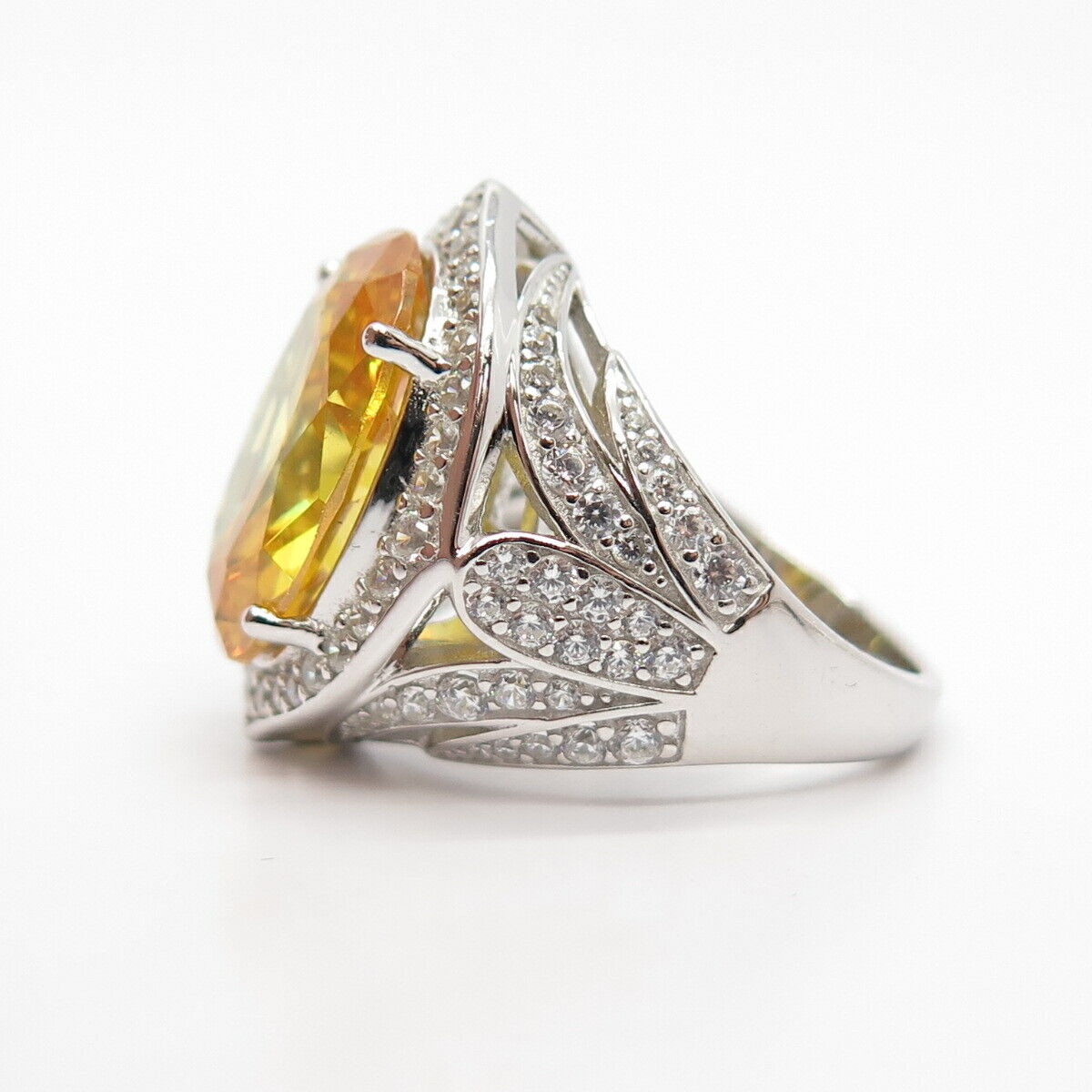 925 Sterling Silver White & Citrine-Tone C Z Signet Ring Size 7