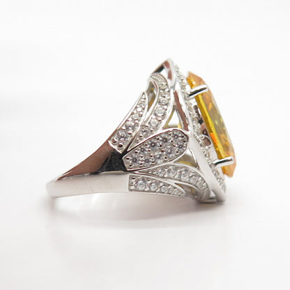 925 Sterling Silver White & Citrine-Tone C Z Signet Ring Size 7