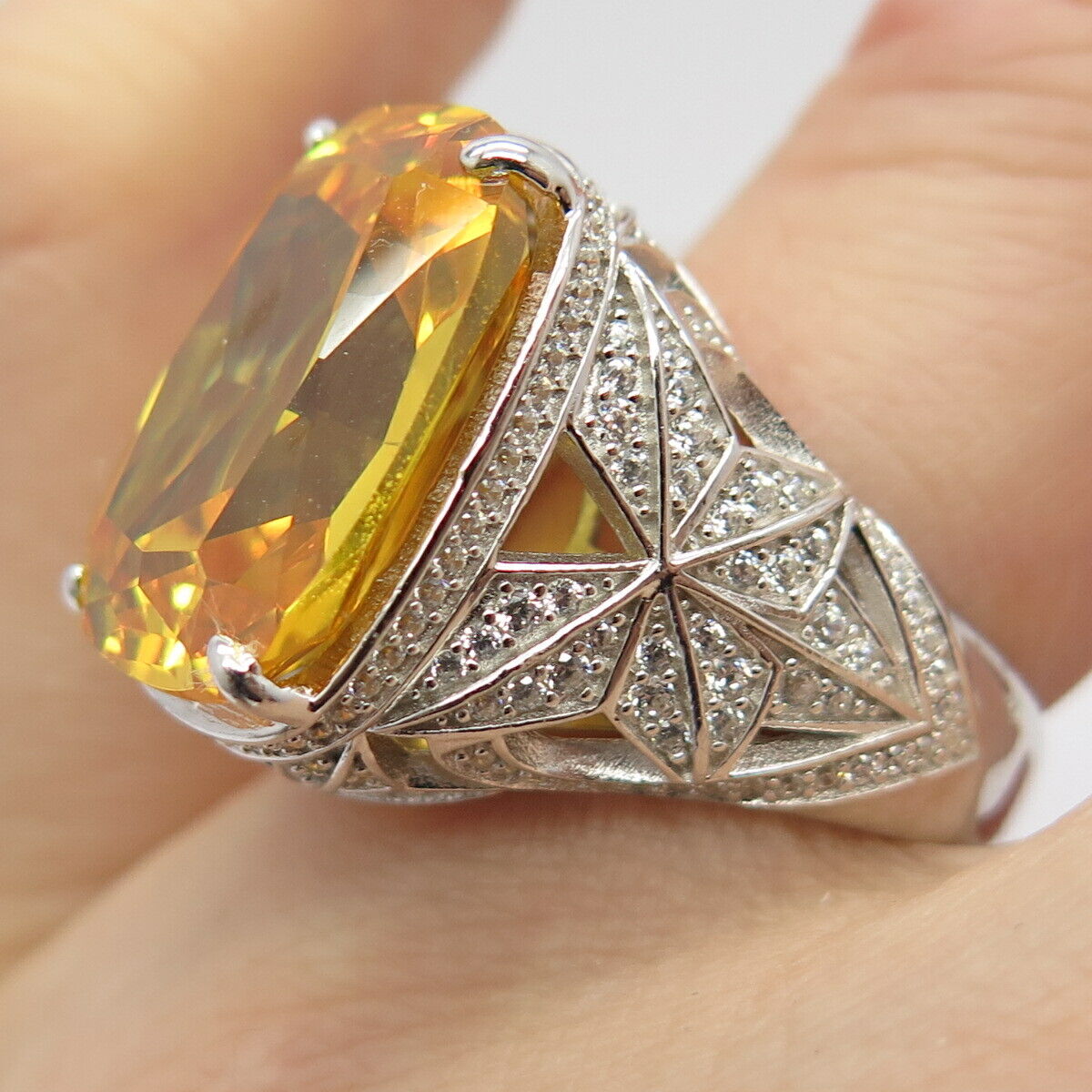 925 Sterling Silver White & Citrine-Tone C Z Signet Ring Size 7 1/4