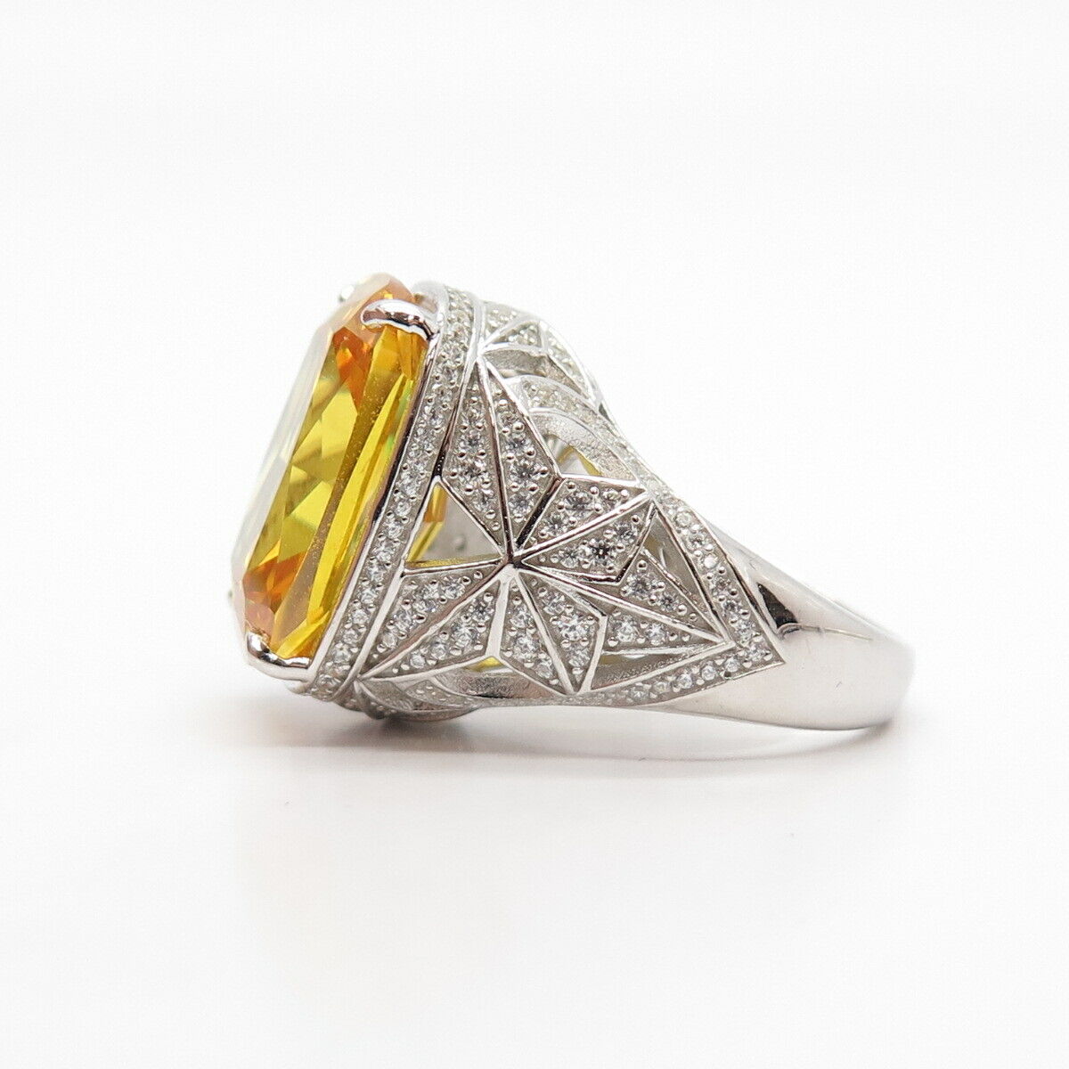 925 Sterling Silver White & Citrine-Tone C Z Signet Ring Size 7 1/4