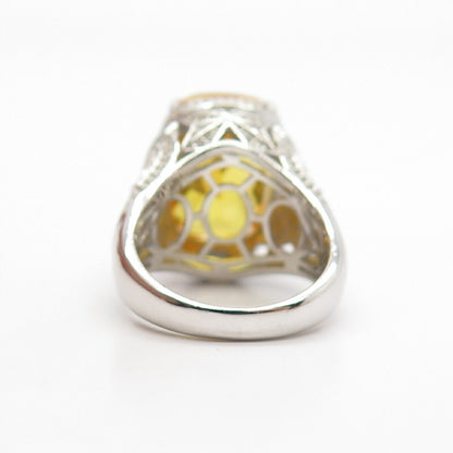 925 Sterling Silver White & Citrine-Tone C Z Signet Ring Size 7 1/4