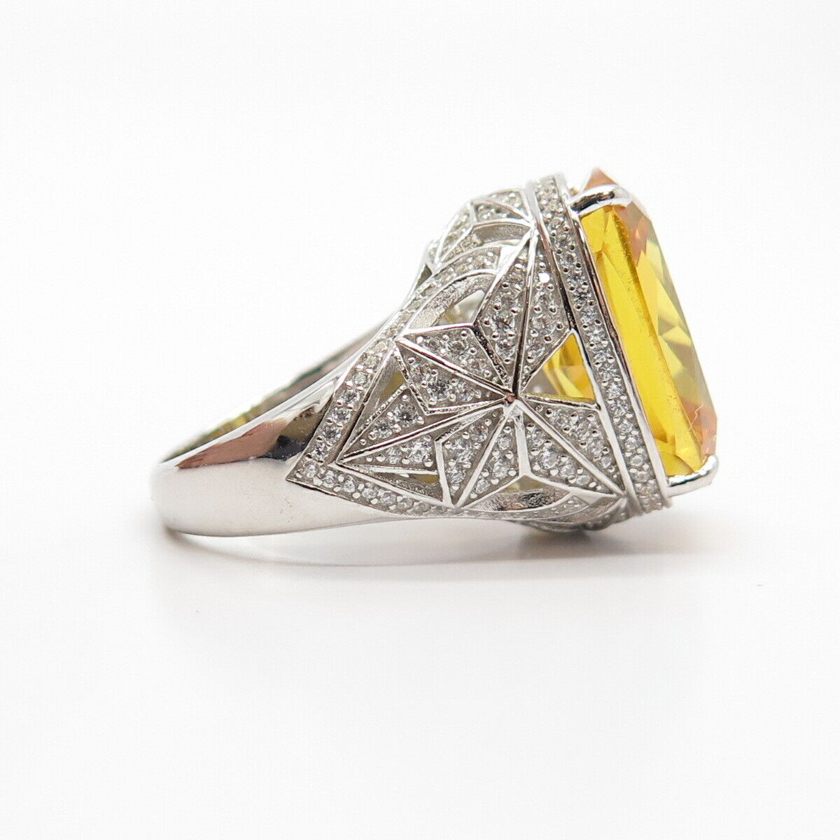 925 Sterling Silver White & Citrine-Tone C Z Signet Ring Size 7 1/4