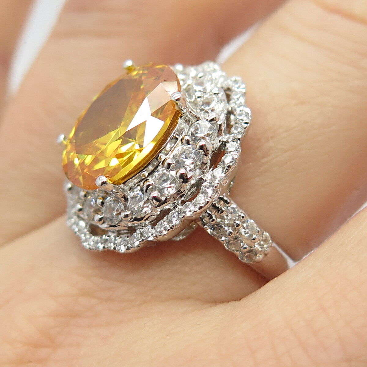 925 Sterling Silver White & Citrine-Tone C Z Ring Size 7 1/4