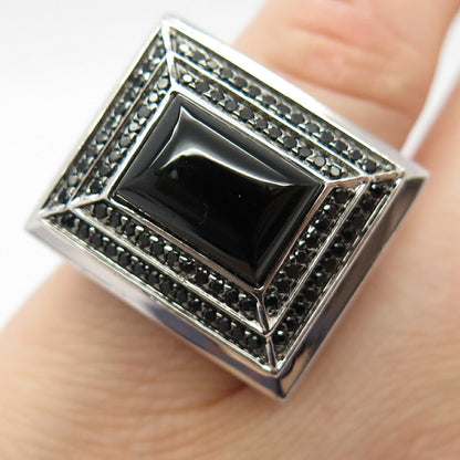 925 Sterling Silver Real Black Onyx & Melanite Gemstone Ring Size 6 3/4