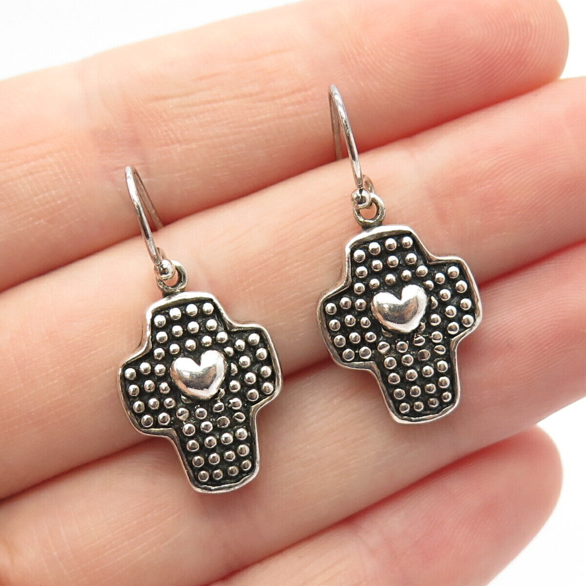 925 Sterling Silver Vintage Bead Heart & Cross Dangling Earrings