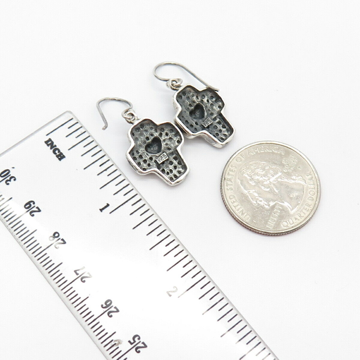 925 Sterling Silver Vintage Bead Heart & Cross Dangling Earrings