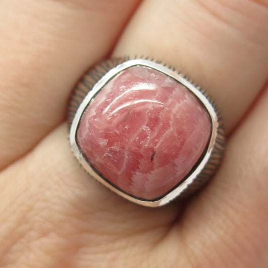 925 Sterling Silver Real Rhodochrosite Gemstone Textured Ring Size 7 3/4