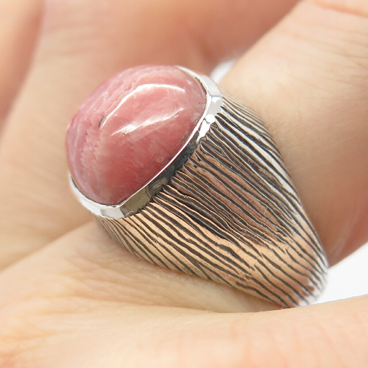 925 Sterling Silver Real Rhodochrosite Gemstone Textured Ring Size 7 3/4